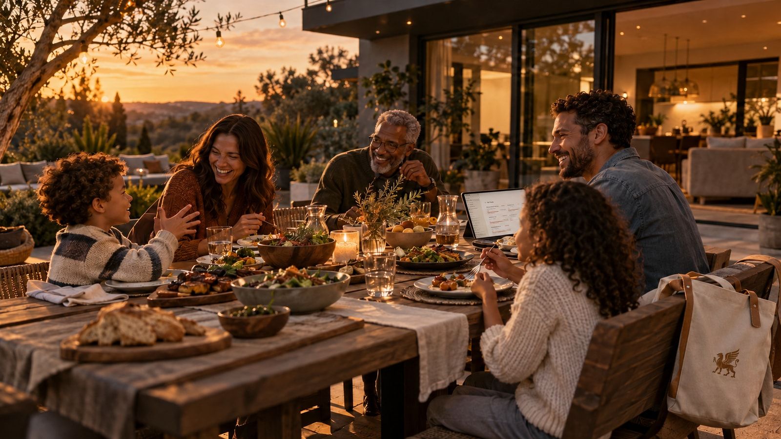 Adults and children sharing dinner at an outdoor table with a tablet at sunset.