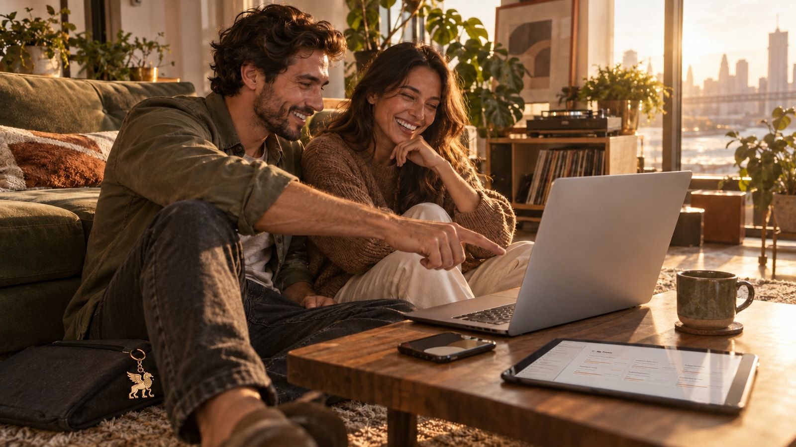 Two adults smiling at a laptop on a low table in a sunlit apartment.