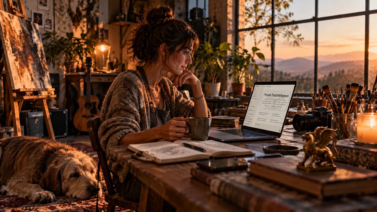 A woman looking at a laptop in an art studio, with a dog resting beside her.