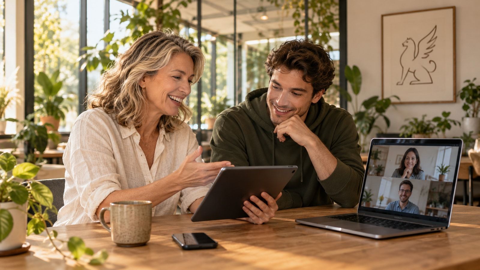 Two adults looking at a tablet beside a laptop showing two people on a video call.